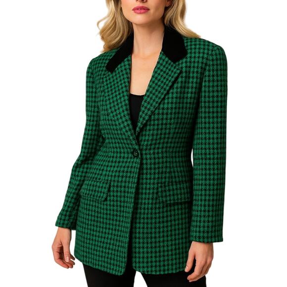 Vintage Joseph Ribkoff Boucle' Blazer Fitted Hip Length Green Black Check Sz 10 - Picture 1 of 11